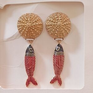 Zara Gold and Red Fish Drop Earrings